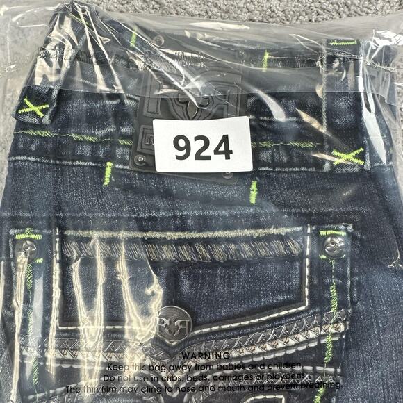 Rock Revival Jeans Mens 32x33 Blue Kirk Side Alt Straight Distressed Stitch - Picture 15 of 15